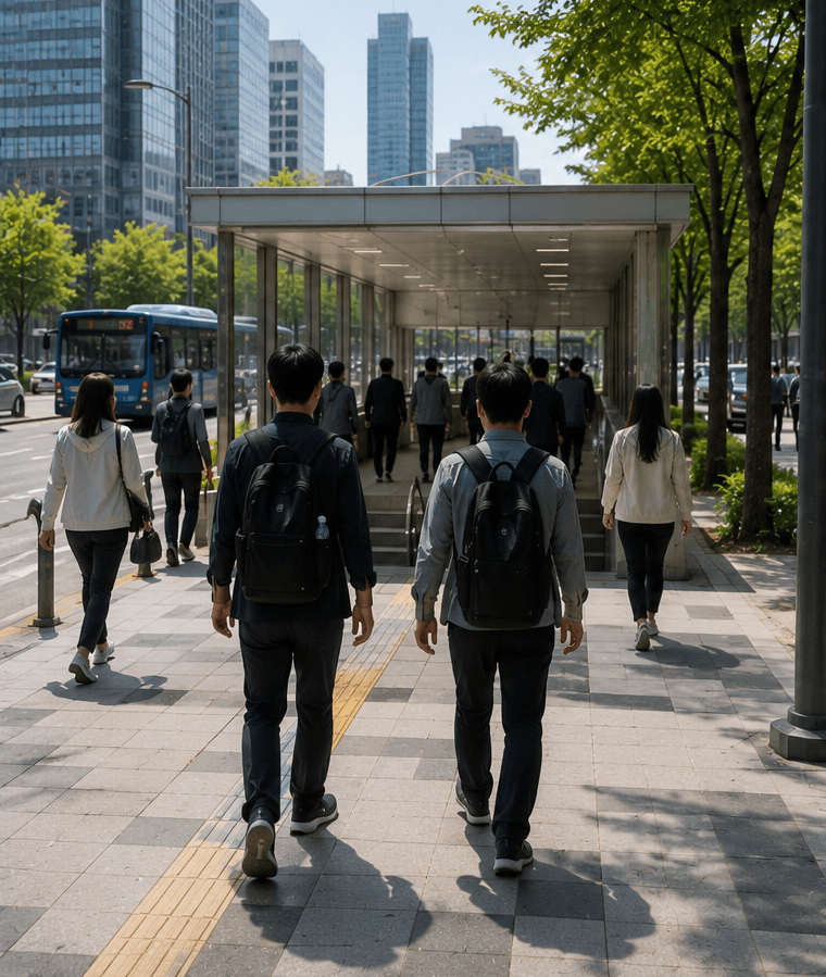 Korean commuters walking in city