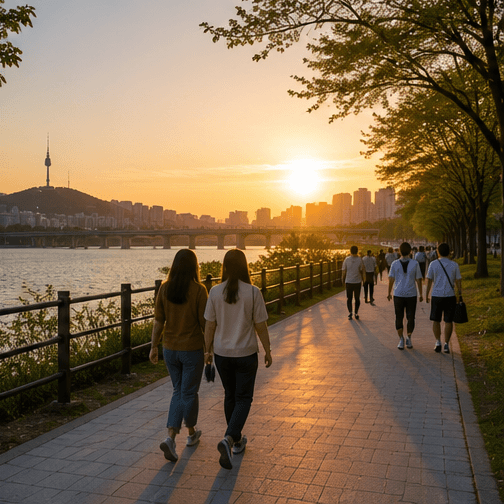 Friends walking beside Seoul river