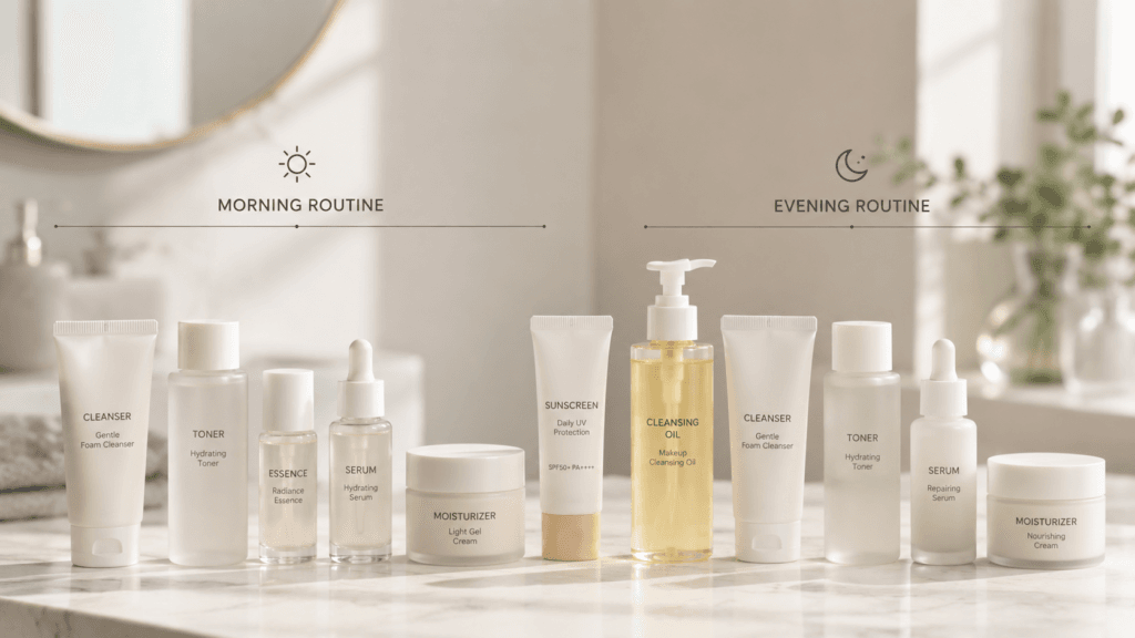 Morning and evening skincare routine products