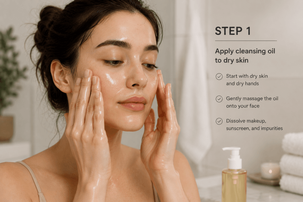 Applying cleansing oil to dry skin