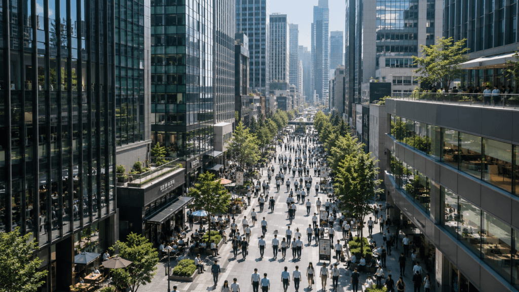 Korean lunchtime streets filled with everyday community life