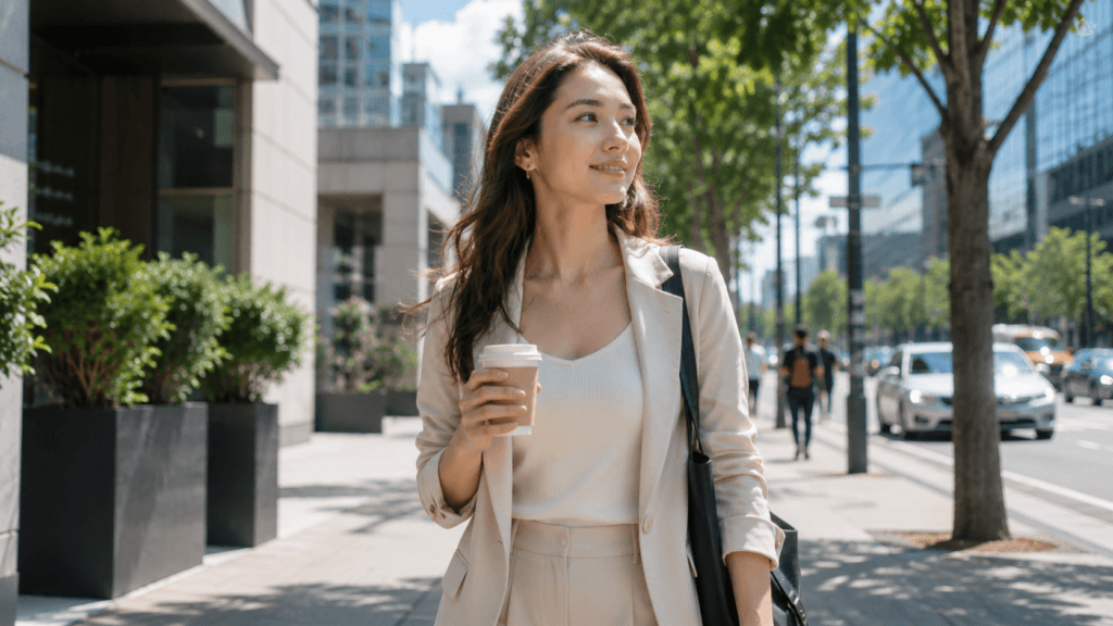 Young professional wearing Korean sunscreen during everyday city life