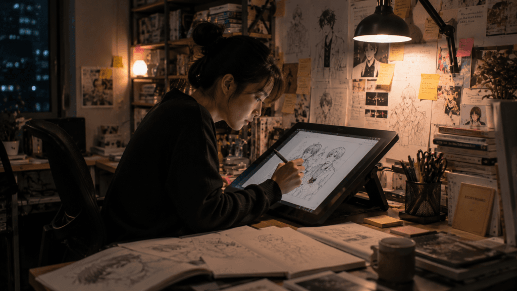 Korean webtoon creator developing a story