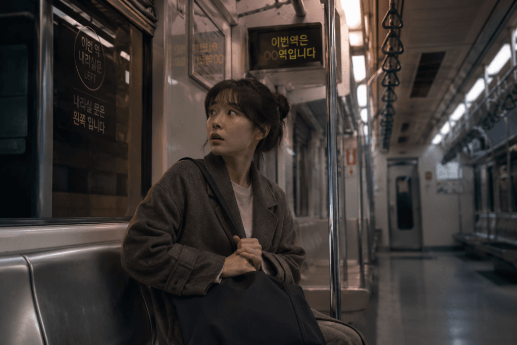 Immersed in a Korean webtoon during a subway ride