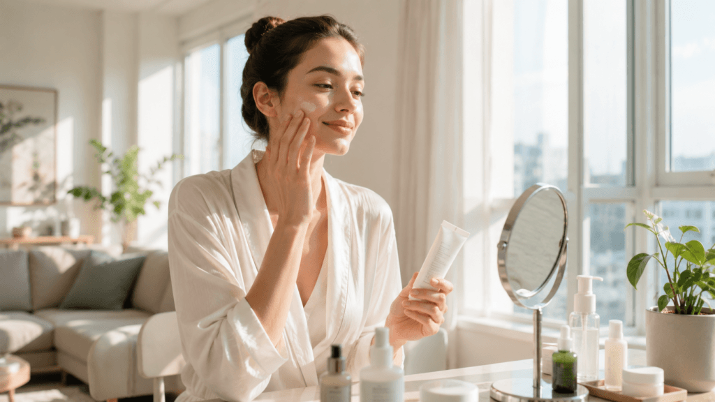 Woman completing a calm morning skincare routine