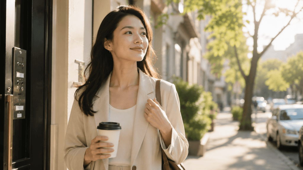 Young professional starting her day with healthy-looking skin