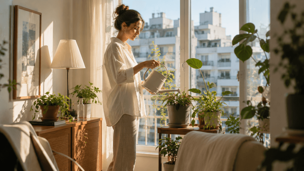Woman enjoying a calm morning surrounded by natural sunlight