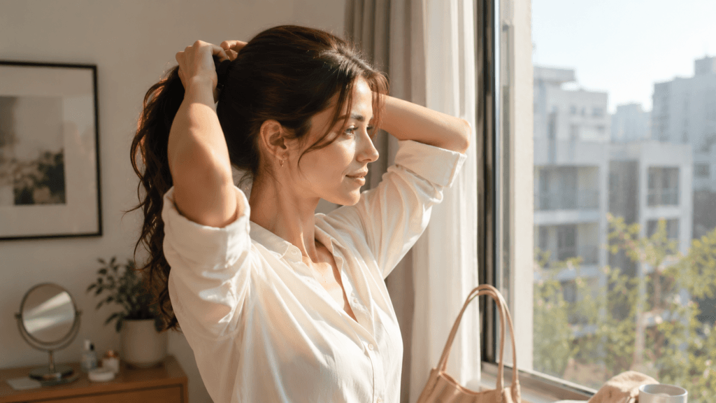 Woman tying her hair before starting her day