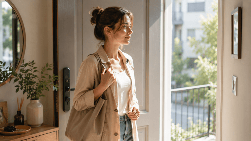 Woman confidently beginning her day in natural morning light