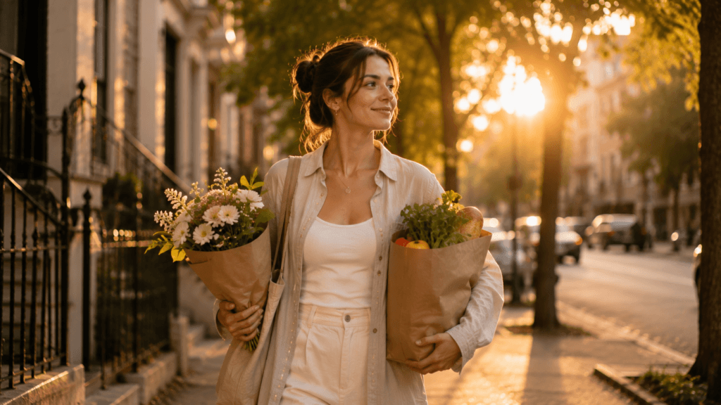 Woman walking home during golden hour with quiet confidence