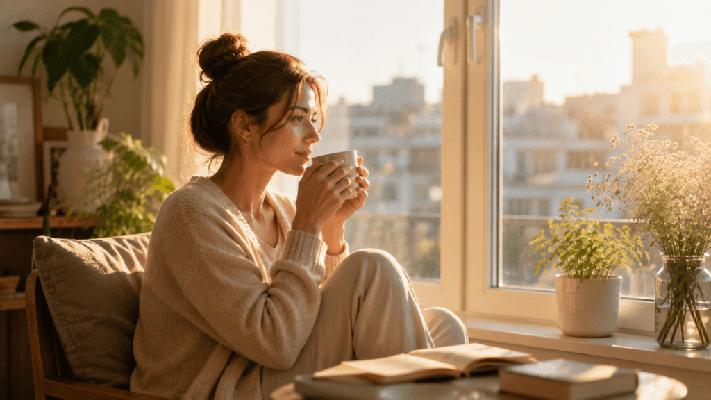 Woman enjoying a peaceful morning by a sunlit window