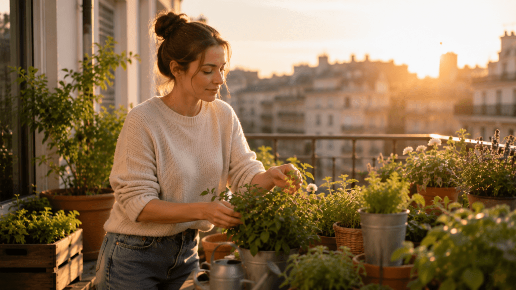 Woman caring for plants on a sunny balcony