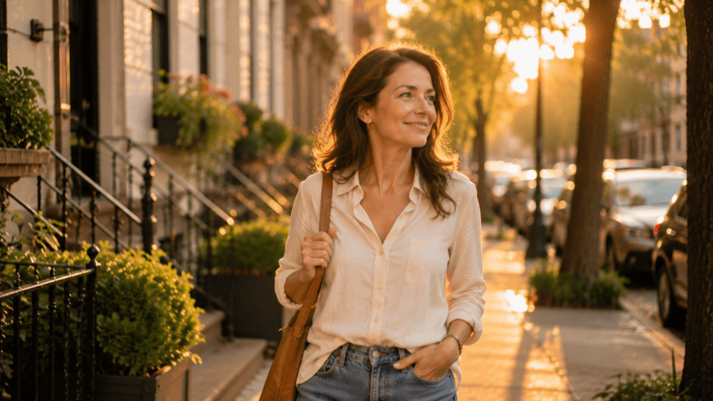 Confident woman walking home during golden hour