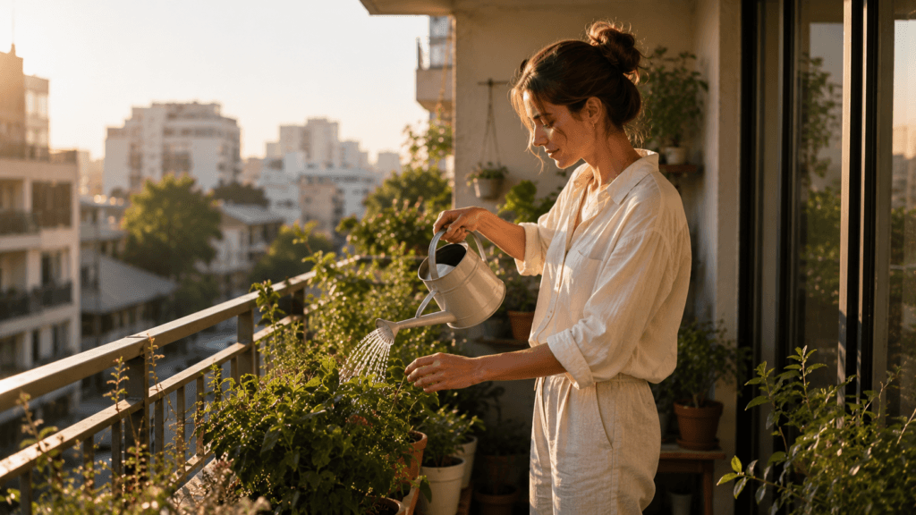 Woman caring for plants on a sunny apartment balcony