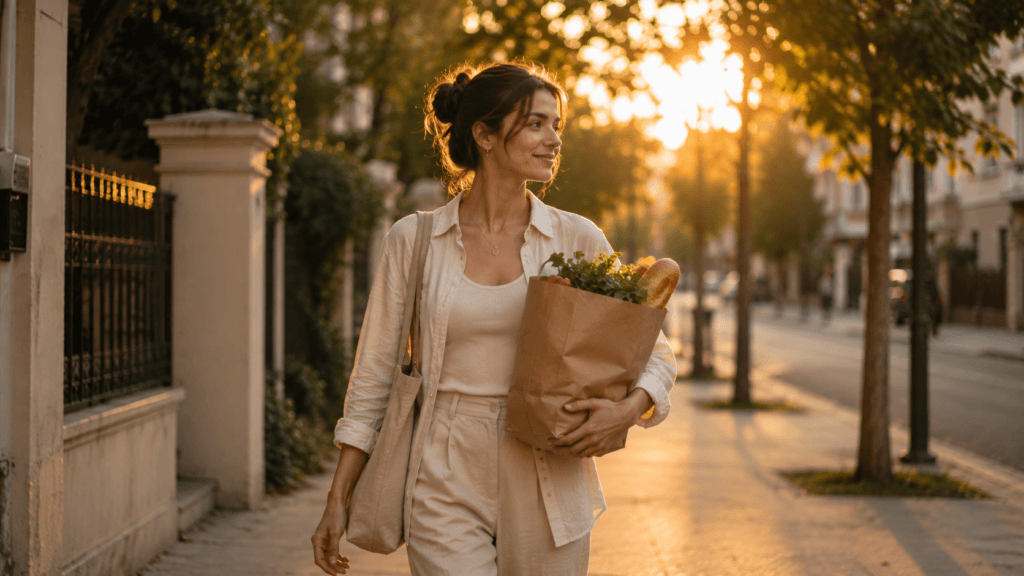 Woman walking home confidently during golden hour