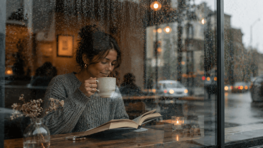 Person reading inside a cozy café on a rainy day