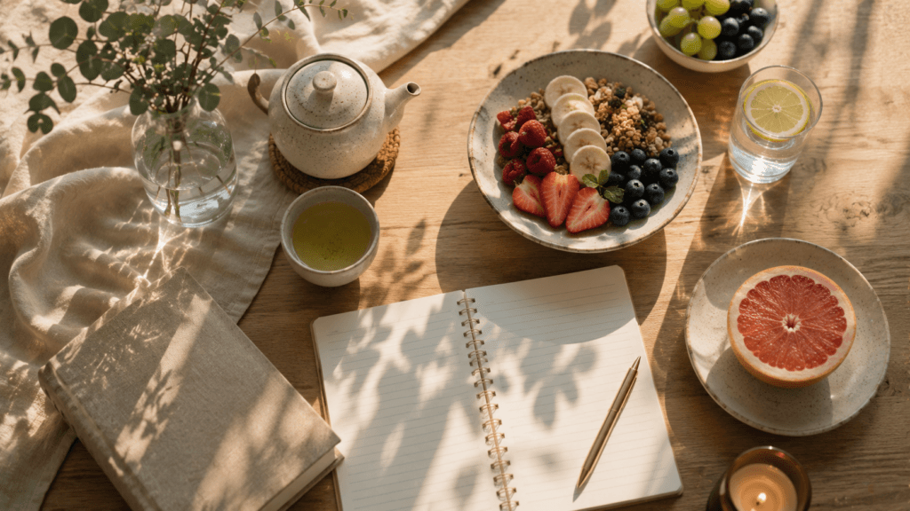 Minimalist breakfast table in warm morning sunlight