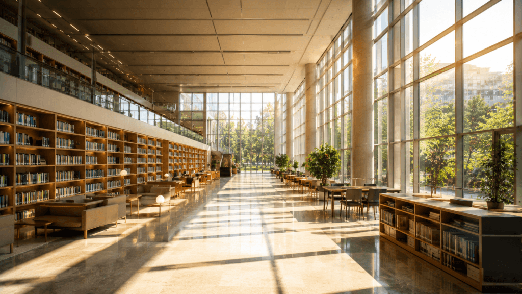 Morning sunlight filling a modern library through large windows