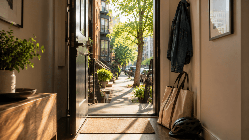 Apartment entrance prepared for an unexpected day outside