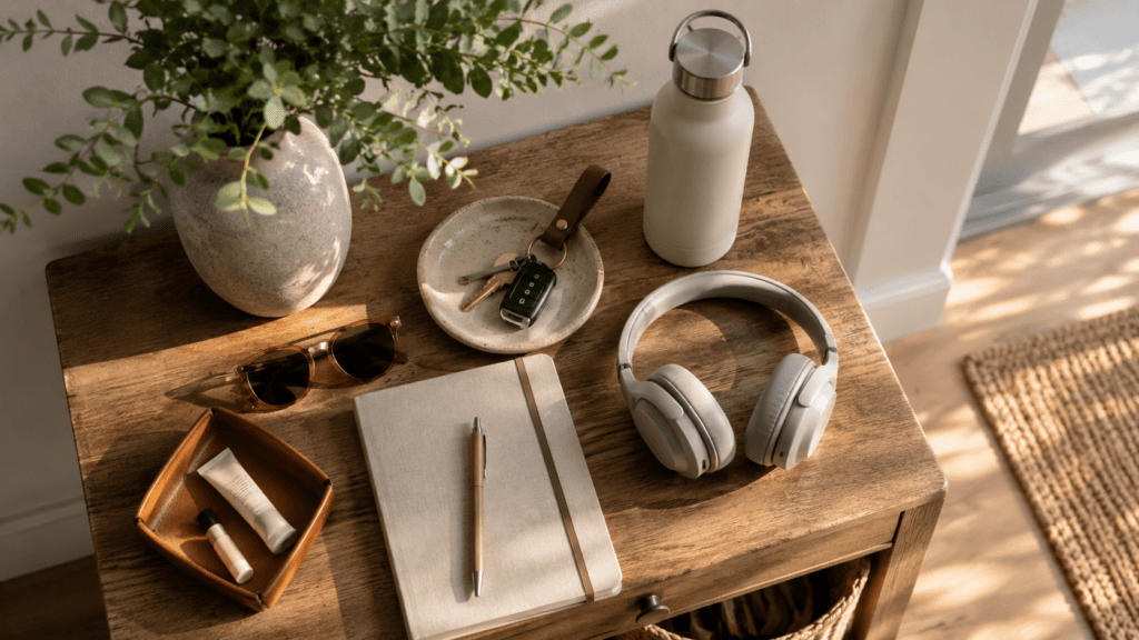 Minimalist entryway essentials prepared for the day