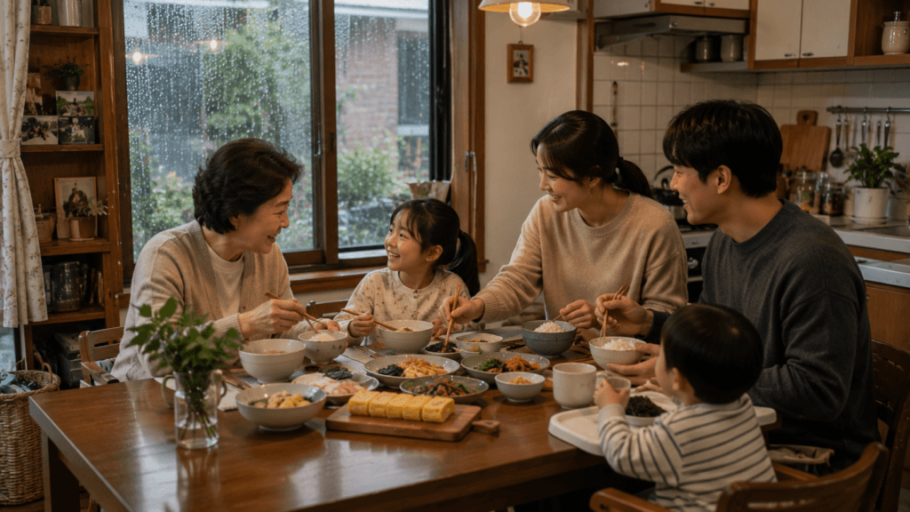 Korean family sharing breakfast together