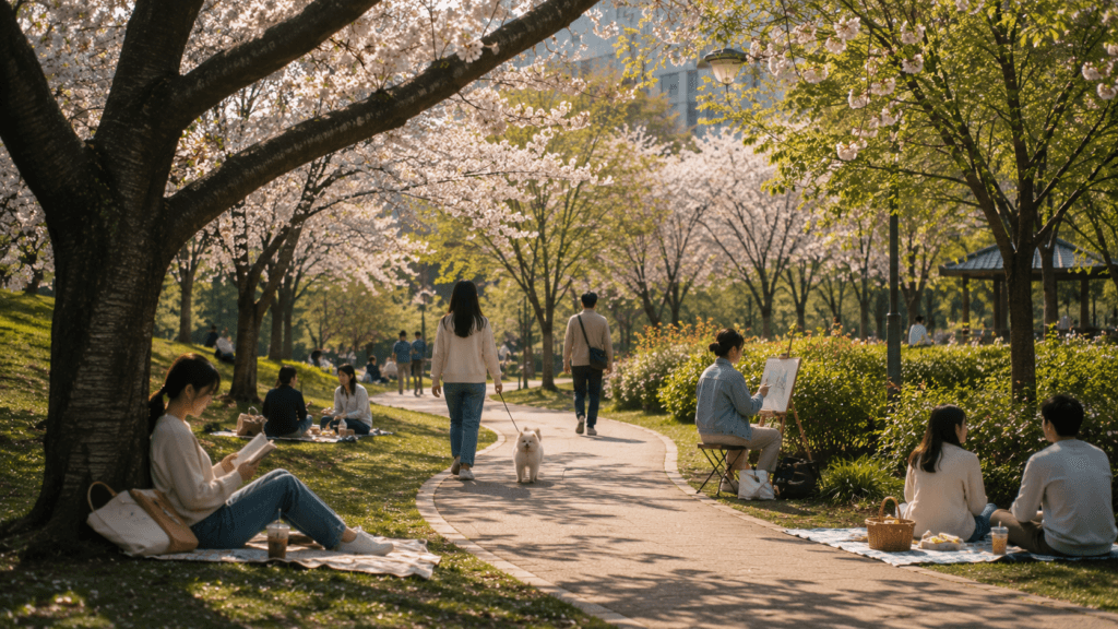Peaceful everyday life in a Korean neighborhood park