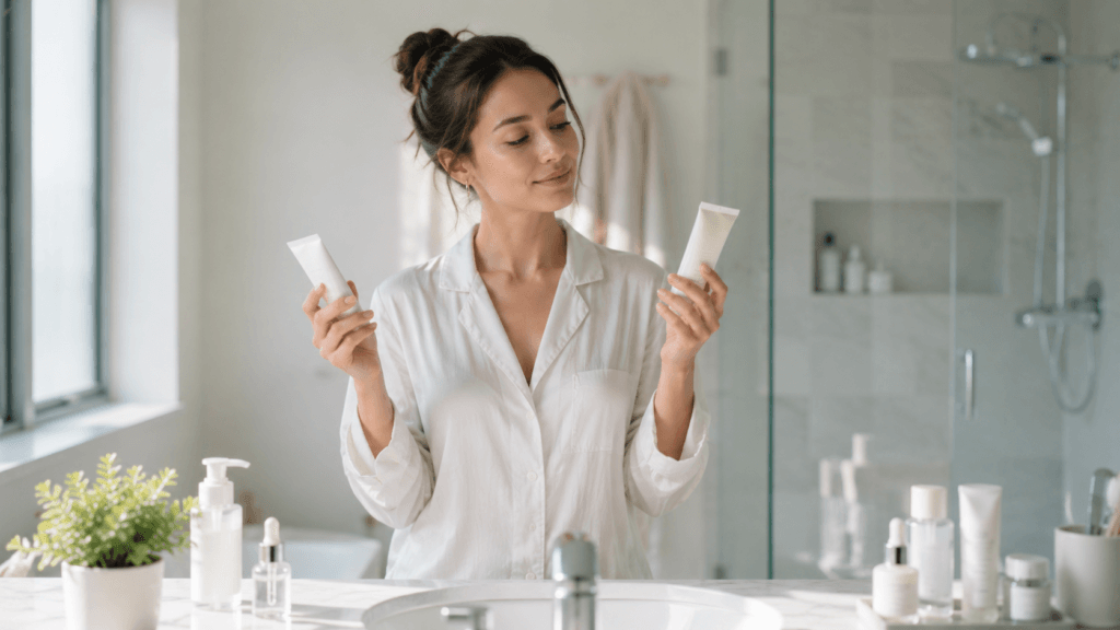 Woman choosing skincare products during her morning routine