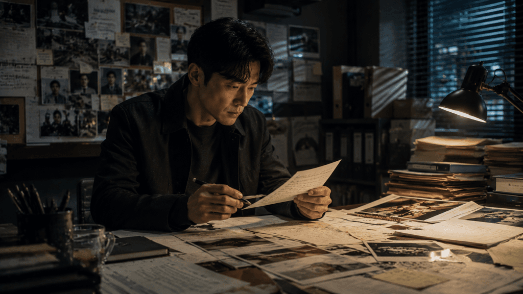 Detective investigating a Korean crime drama case