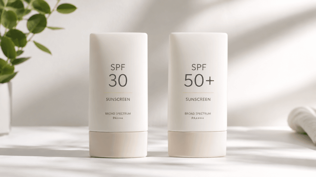 SPF 30 and SPF 50 sunscreen bottles side by side