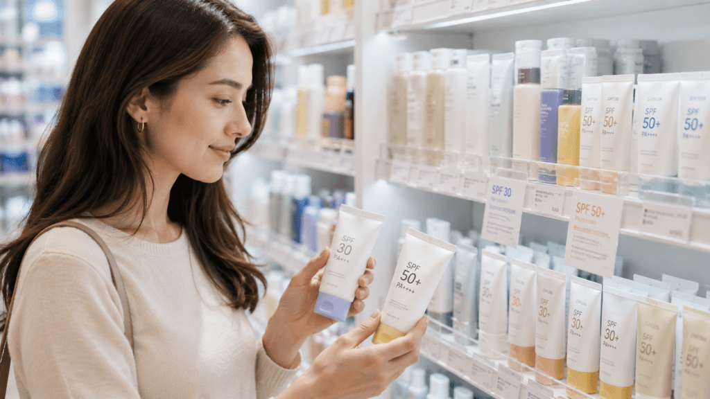 Shopper comparing SPF and PA ratings before buying sunscreen