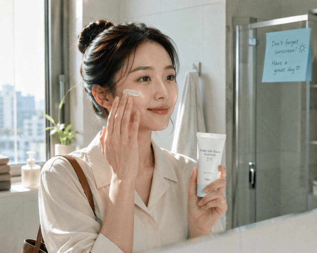 Woman applying Korean sunscreen as the final step of her morning skincare routine