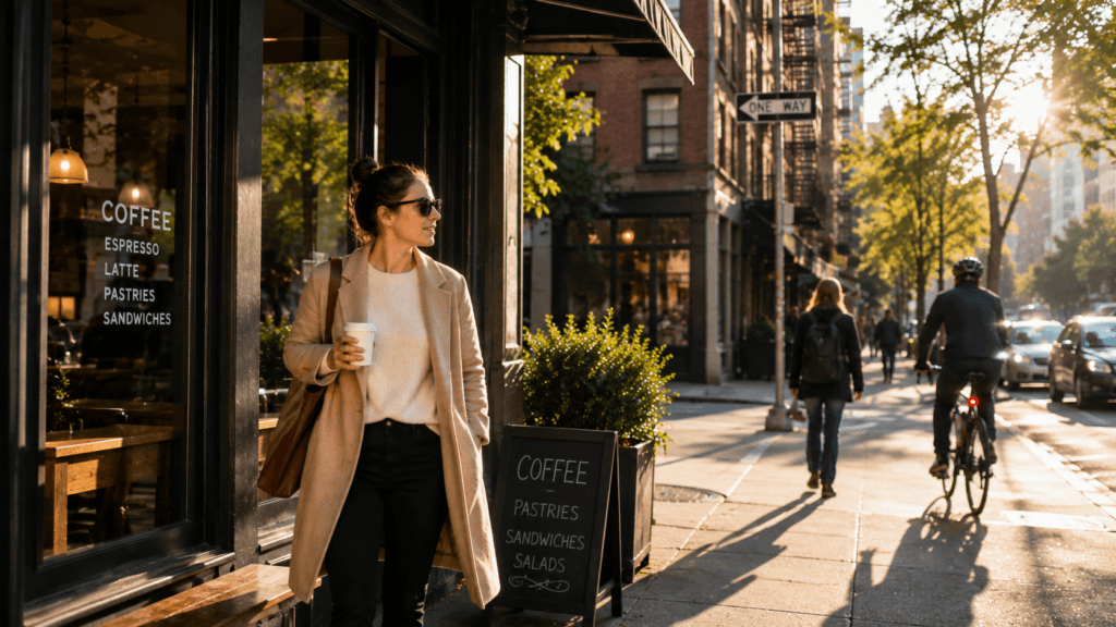 Woman leaving a neighborhood café on a sunny morning
