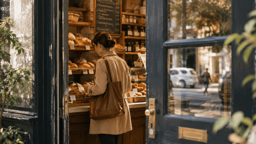 Customer choosing bread inside a neighborhood bakery
