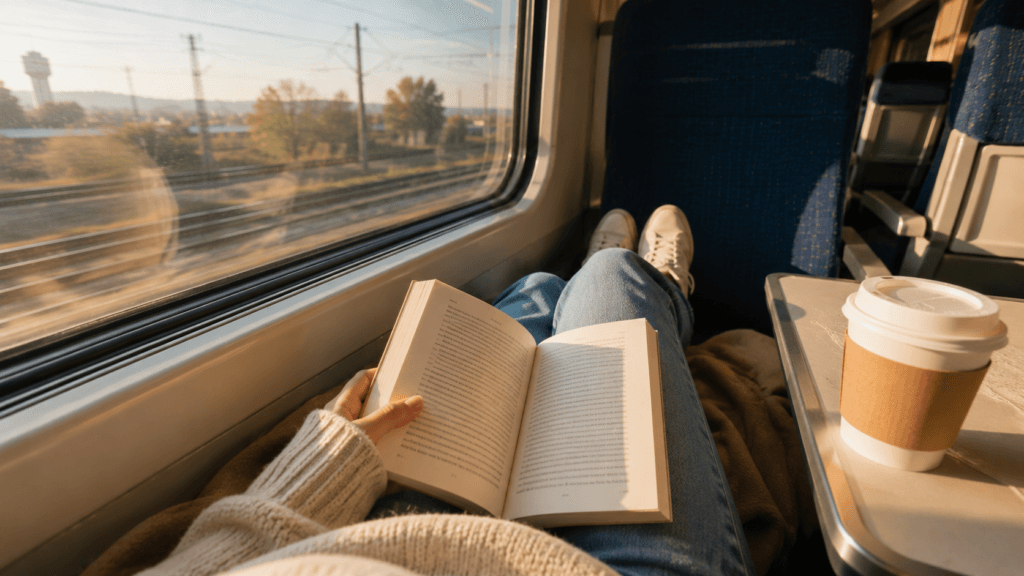 Morning train journey viewed from a first-person perspective
