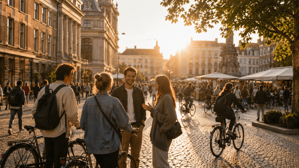 Friends meeting in a lively city square before sunset

