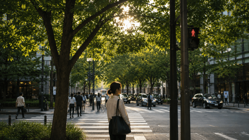 Woman waiting beneath tree-lined streets on a sunny morning