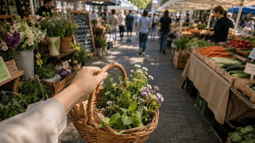 First-person view carrying flowers through a weekend market