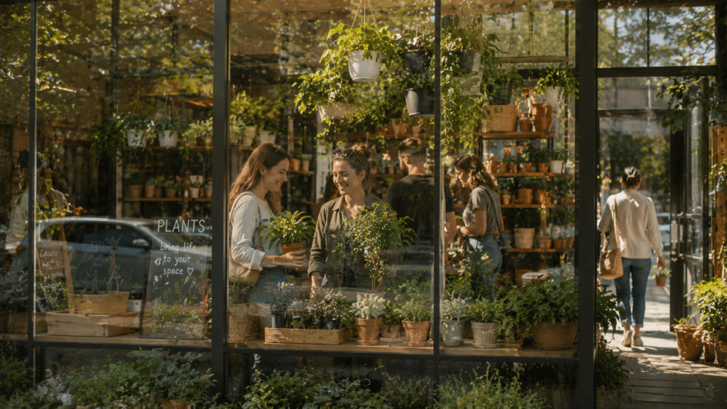 People browsing plants inside a neighborhood greenhouse