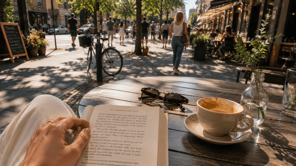 First-person view from a sunny outdoor café
