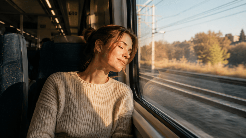 Woman enjoying a peaceful train journey by the window
