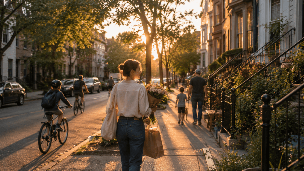 Woman walking home through a neighborhood at sunset
