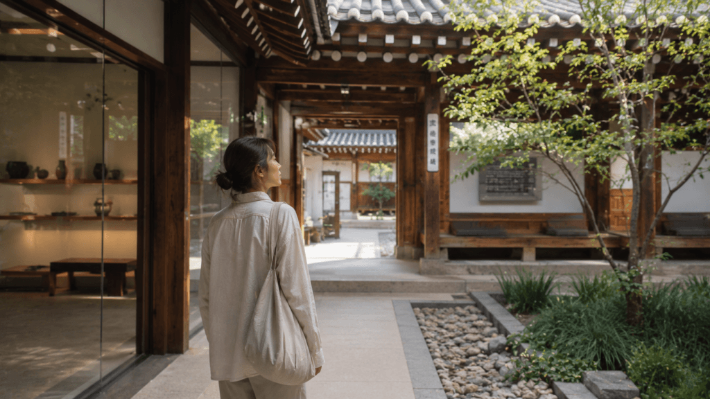 Visitor exploring a modern Korean cultural space