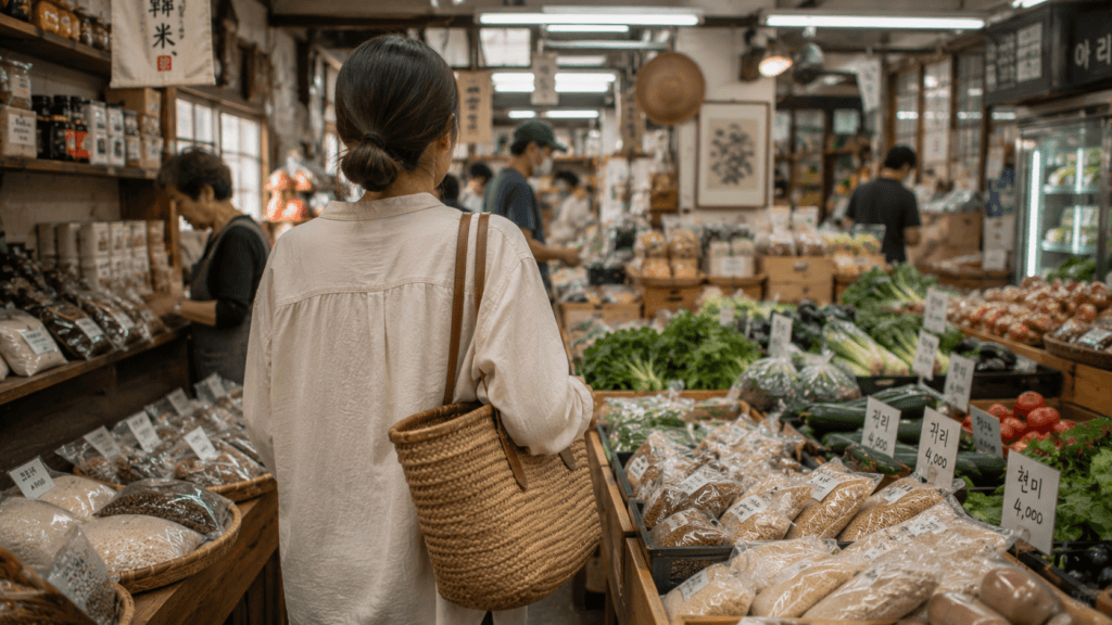 Shopper browsing seasonal foods at a Korean market