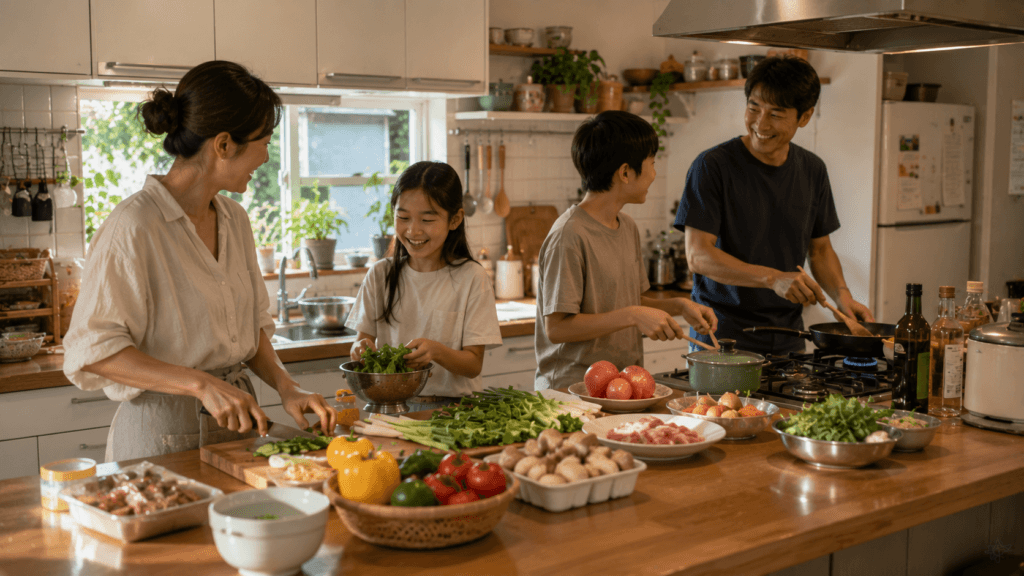 Family preparing a healthy meal together in a bright kitchen