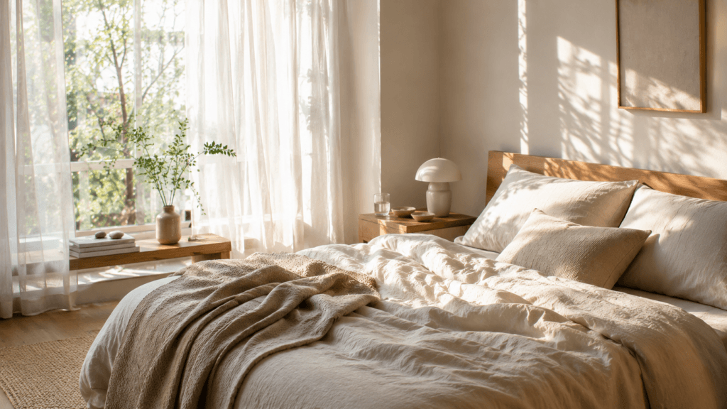 Sunlit bedroom with layered linen textures