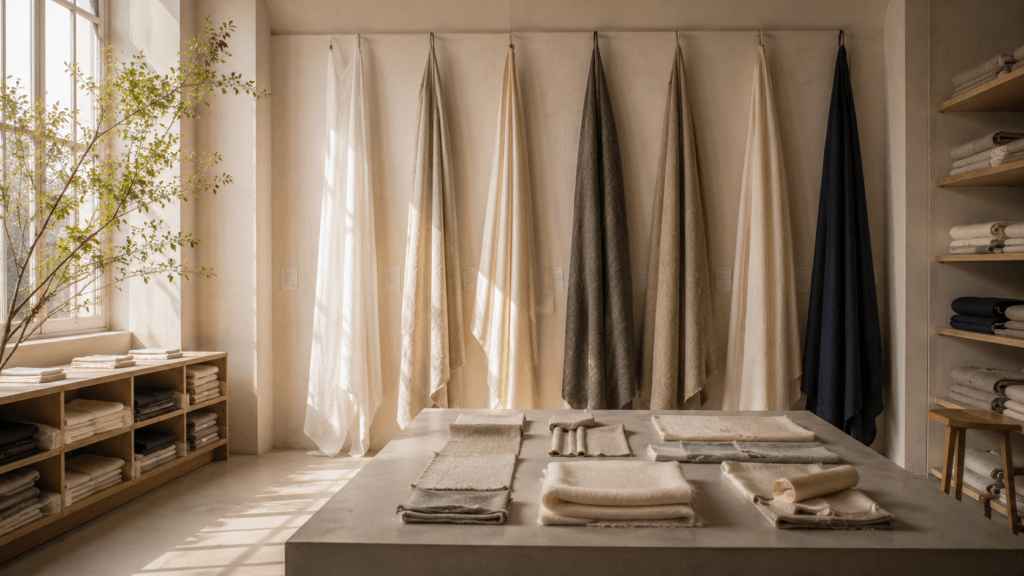 Natural fabrics displayed in a modern textile studio