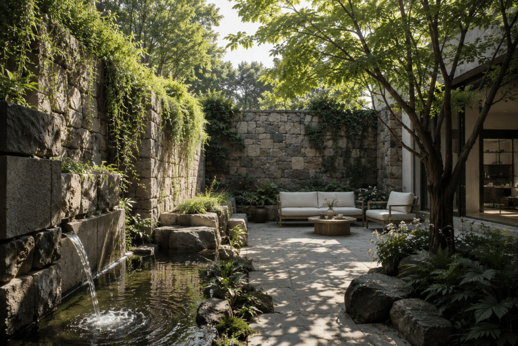 Peaceful courtyard with water and natural stone