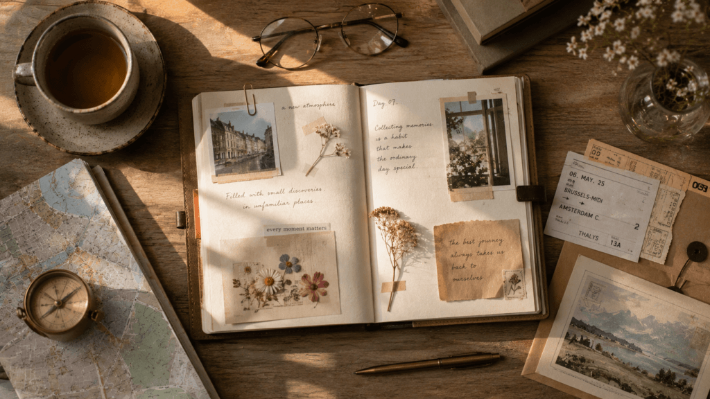 Travel journal and personal essentials arranged on a wooden table
