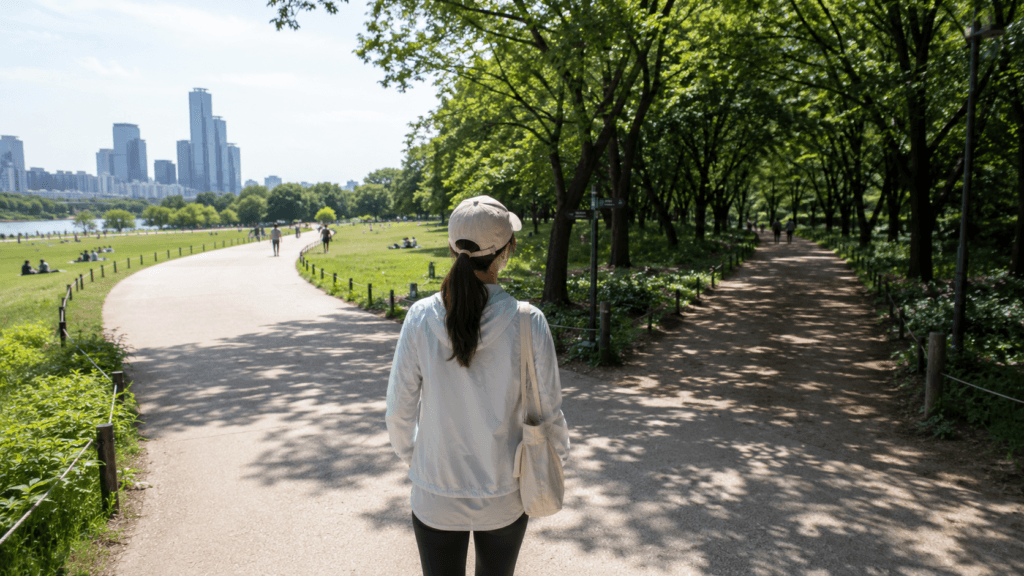 Woman choosing between two walking paths in a city park