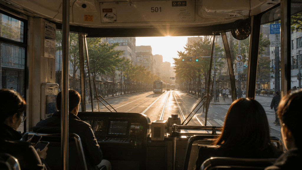 Morning view from inside a city tram during the daily commute